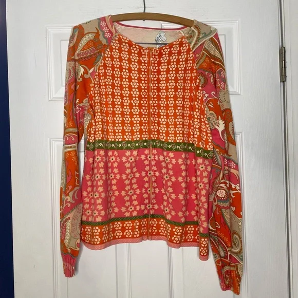 COLDWATER CREEK 100% cotton zip-front cardigan in orange paisley - Large