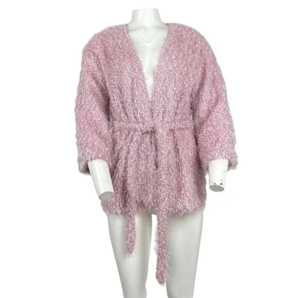 Pink Luxe Fuzzy Belted Sweater Shaggy Cardigan NWT