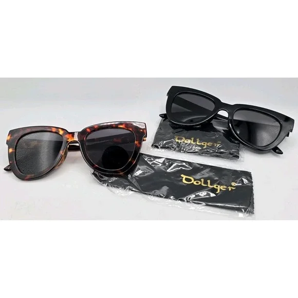 2 Lot Dollger Retro Cat Eye Sunglasses Oversized Square Tortoise Shell And Black