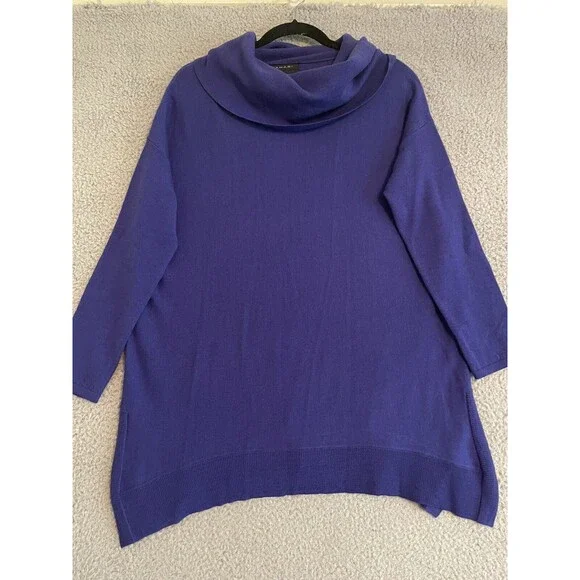 TAHARI Sweater Blue 100% Extra Fine Merino Wool Cowl Neck Womens Size Small