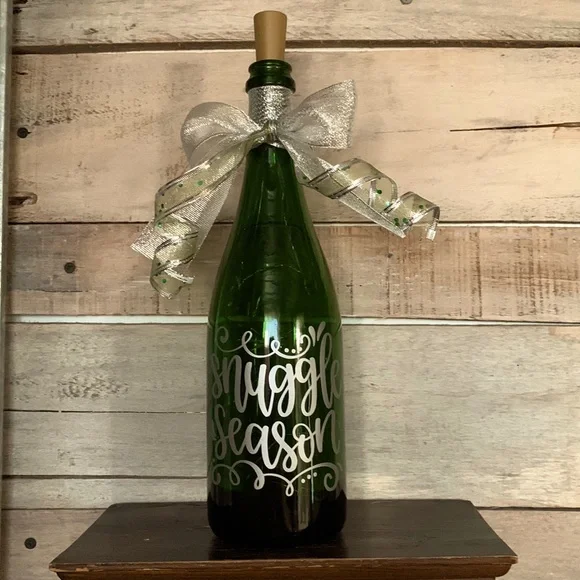 Hand Crafted- ‘Snuggle Season’ green wine bottle lantern