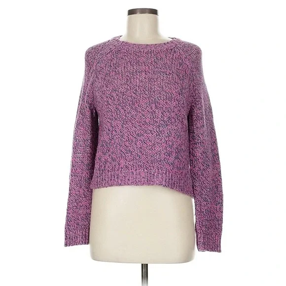 One Grey Day Pink Navy Chunky Marled Knit Wool Blend‎ Cropped Sweater Size M