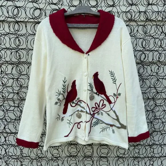 Vintage 90s JTWO Christmas Cardinals Winter Cardigan Sweater Red Collar LARGE