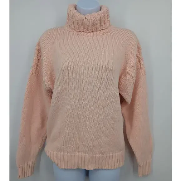 Vintage Talbots 100% Cotton Peach Cable Knit Turtleneck Sweater Women’s Medium