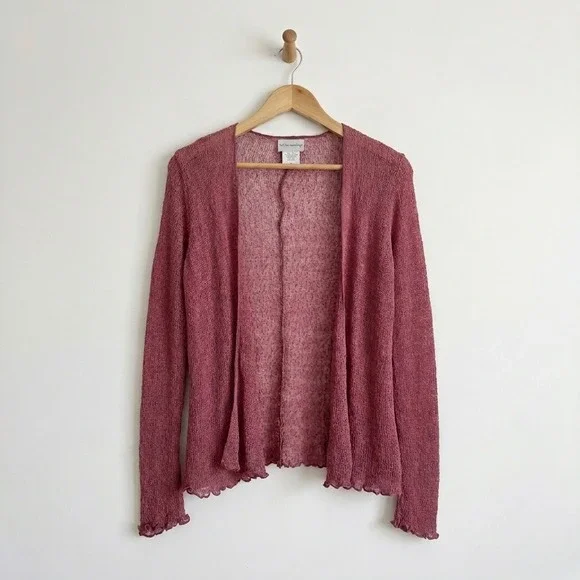 Soft Surroundings Rose Pink Open Knit Cardigan Lettuce Edge S/M Whimsy Fairy