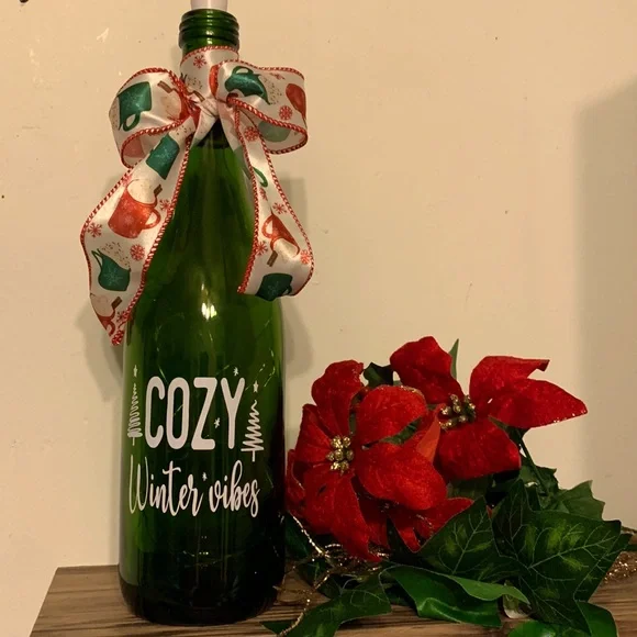 Hand Crafted- ‘Cozy Winter Vibes’ green wine bottle lantern