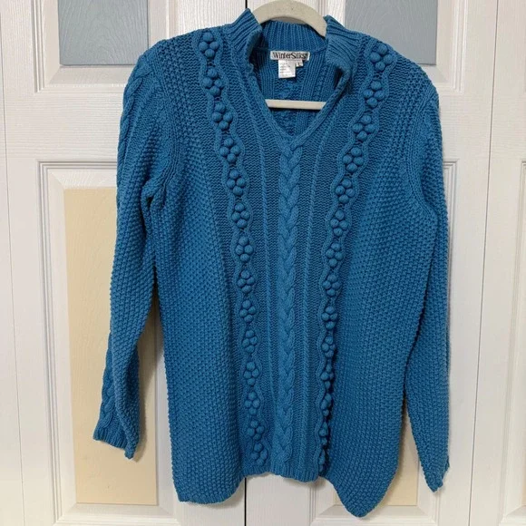 WinterSilks‎ Turquoise Blue Cable Knit Bobble Silk Cotton Blend Sweater Size L