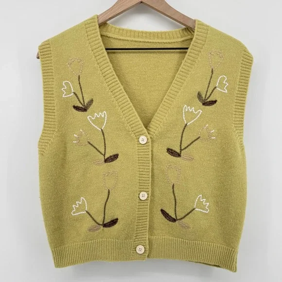 Chartreuse Green Embroidered Floral Knit Sweater Vest V-Neck Cardigan S? Cottage
