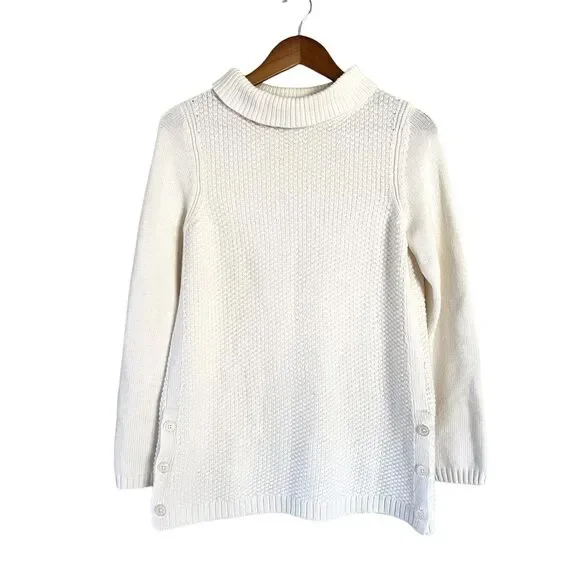 Talbots Turtleneck Tunic Sweater Womens S Ivory Cotton Blend Side Buttons Slits