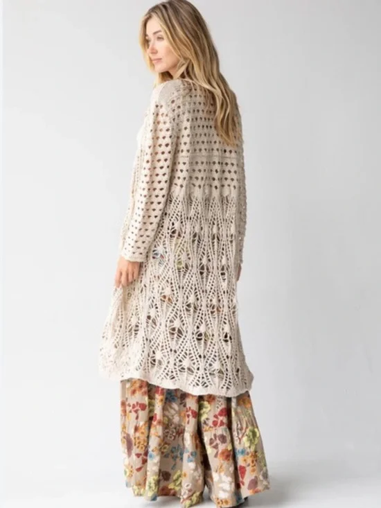 NATURAL LIFE Abigail Cream Open-Knit Crochet Duster Cardigan s/m