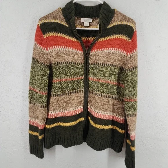 Christopher & Banks Green Striped Wool Blend Full Cardigan Sweater Grandmacore