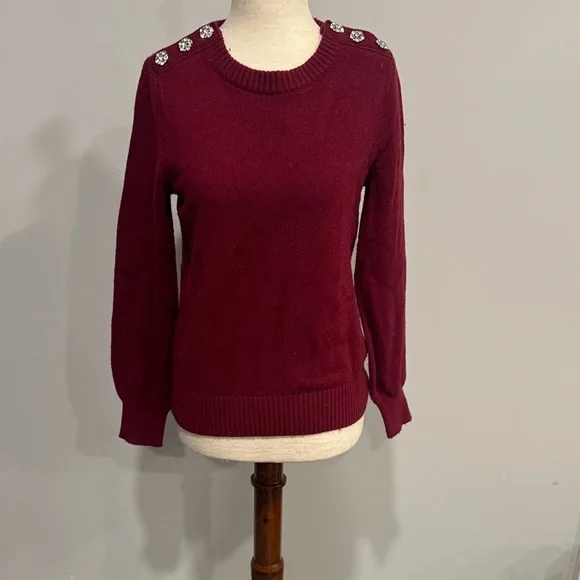 J Crew Red Sweater with Embellished Flower Rhinestone Shoulder Detail XS