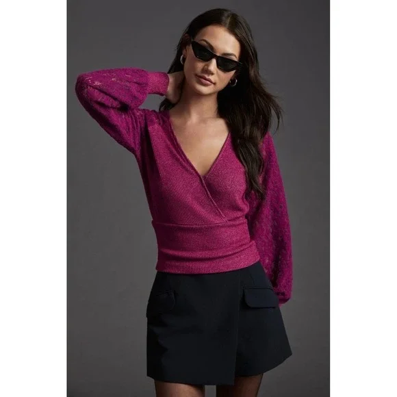 Anthropologie Fuschia Wrap‎ V Neck Lace Sleeve Sweater Top XS