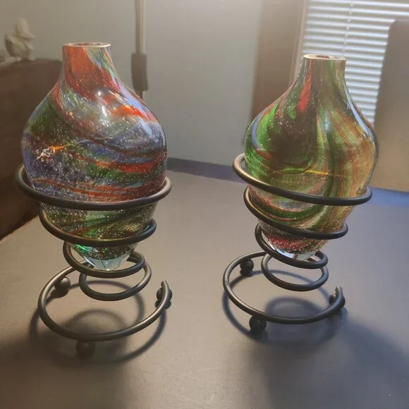 Hurricane Lamps, Art Glass Blown Vases and a Wrought Iron Metal Holder.Two Wicks