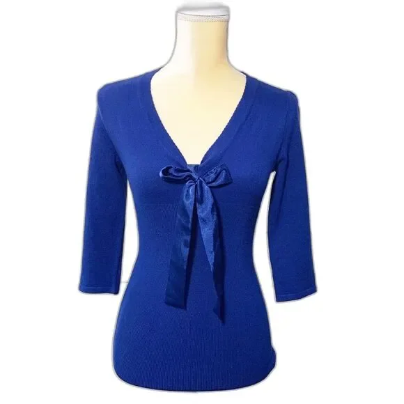 Maurices Royal Blue Sweater Medium Satin Bow V Neck 3/4 Sleeve NWOT