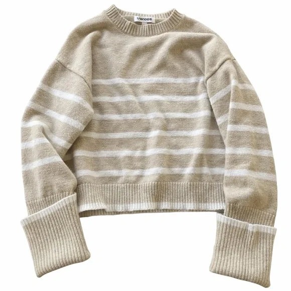 Vigoss Women's Beige Striped Crew Neck Sweater