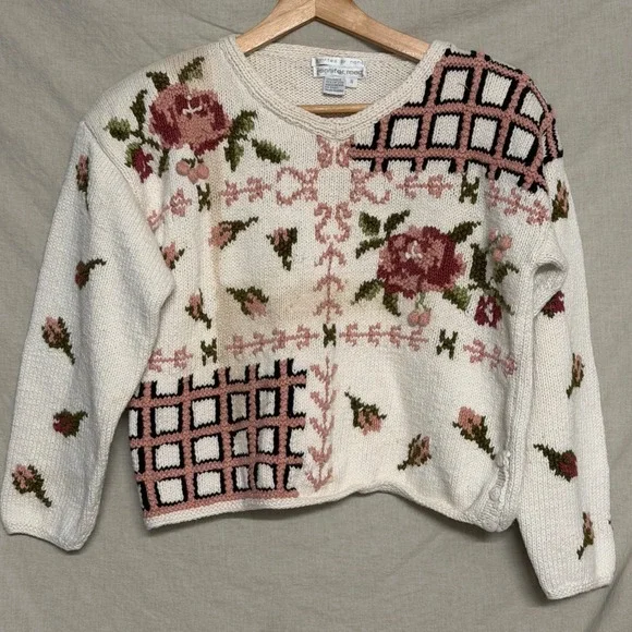 Jennifer Reed Vintage Knitted by Hand Floral Ramie Cotton Sweater Women's S