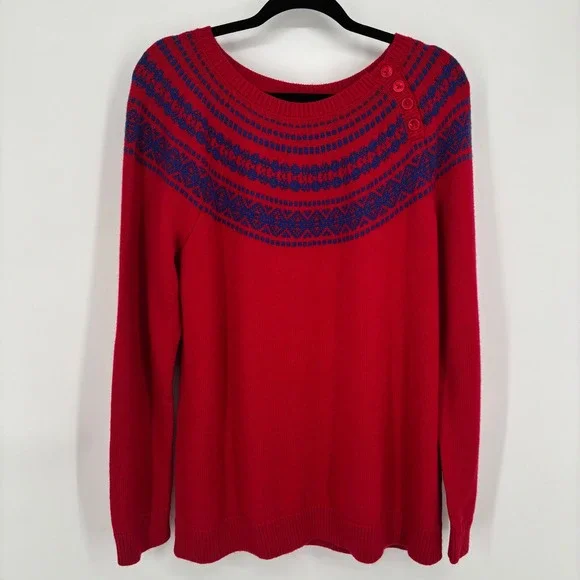 Talbots Lambswool Blend Red Blue Fair Isle Crew Neck Sweater Women's Size 1X NWT