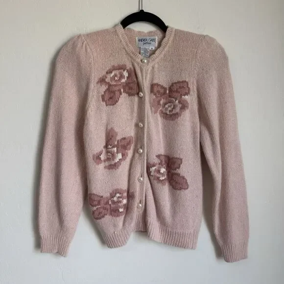 Andrea Gayle Vintage Sm Silk Wool Blend Pink Coquette Pearl Button Up Cardigan