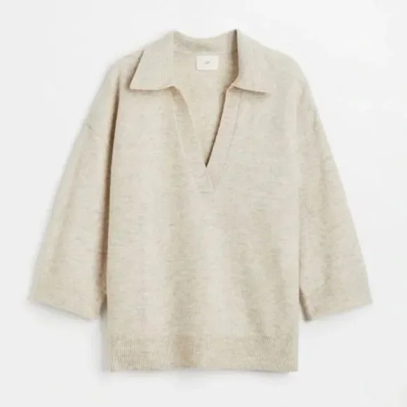 H&M wool blend collared oatmeal neutral knit oversized sweater