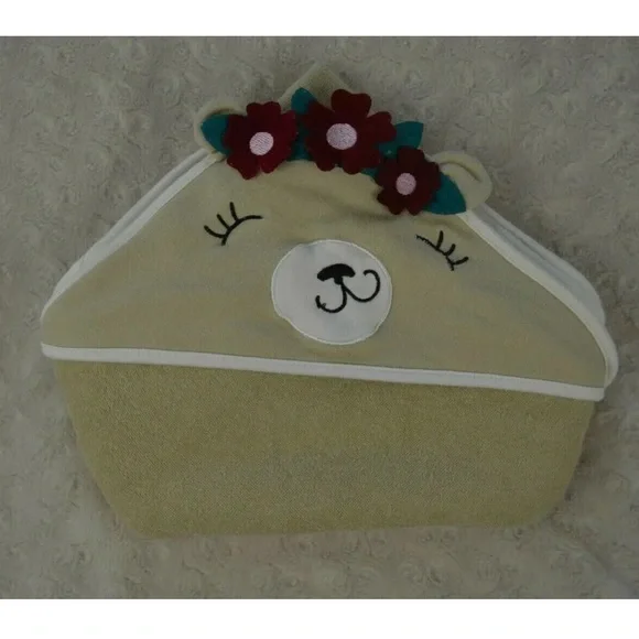 Jessica Simpson Hooded Baby Bath Towel Tan Cream Teddy Bear Burgundy Flowers