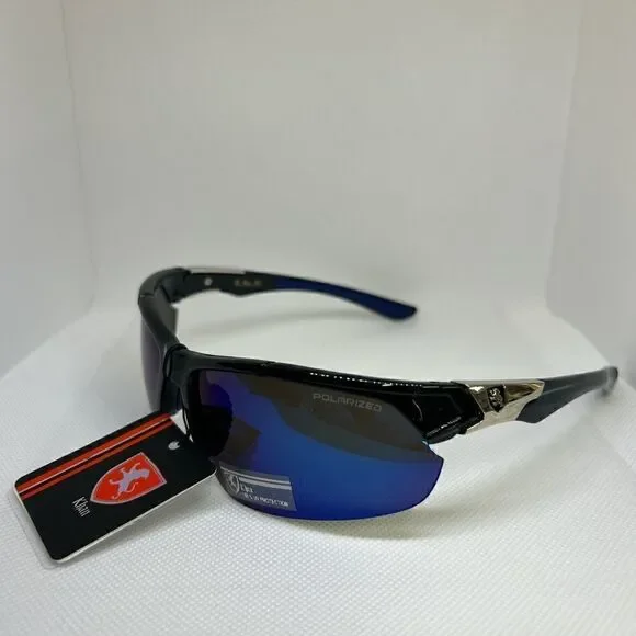 Khan Polarized Mirrored Mens Wrap Semi Rimless Sunglasses