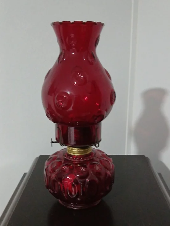 Red Glass Oil Lamp IE Smith Moon And Star Pattern
