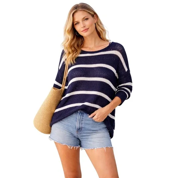 Sonoma Navy White‎ Striped Knit Sweater M Coastal Preppy Boho Lightweight Top