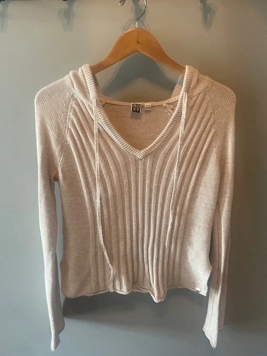 Roxy V-Neck Hoodie‎ Sweater in Light Beige Size Medium