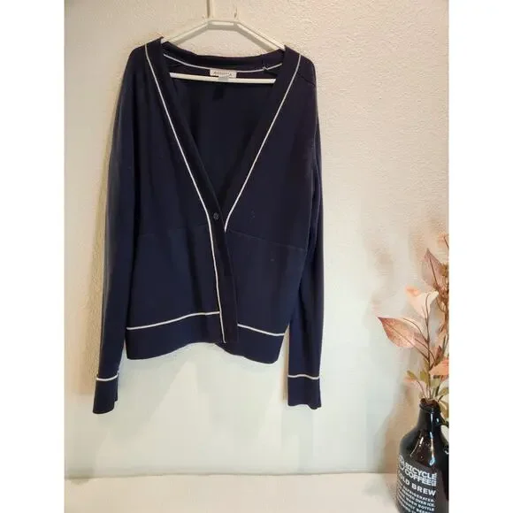 Athleta Navy Wool Blend Cardigan Sweater Size‎ M Button Front White Trim