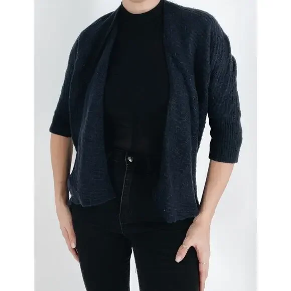 T Tahari Navy Wool Blend Quarter Sleeve Waterfall Cardigan Size Small