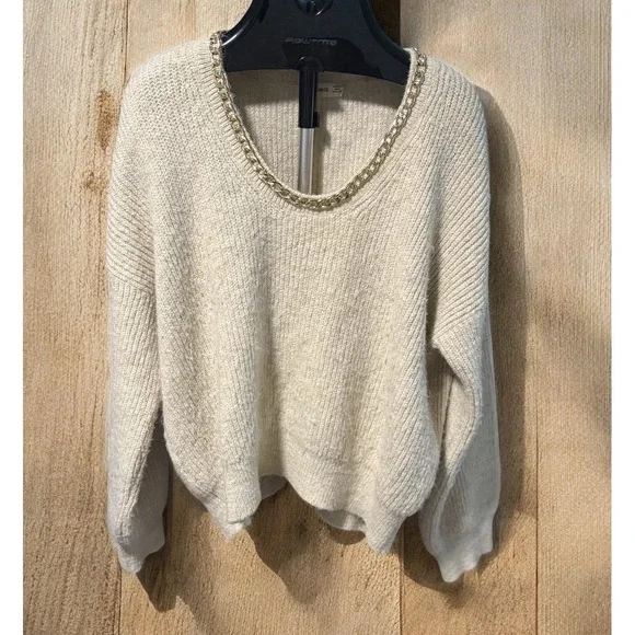 MNG Gold Necklace Chain Accent Cream Mango Sweater - Holiday - Party - Sz XL