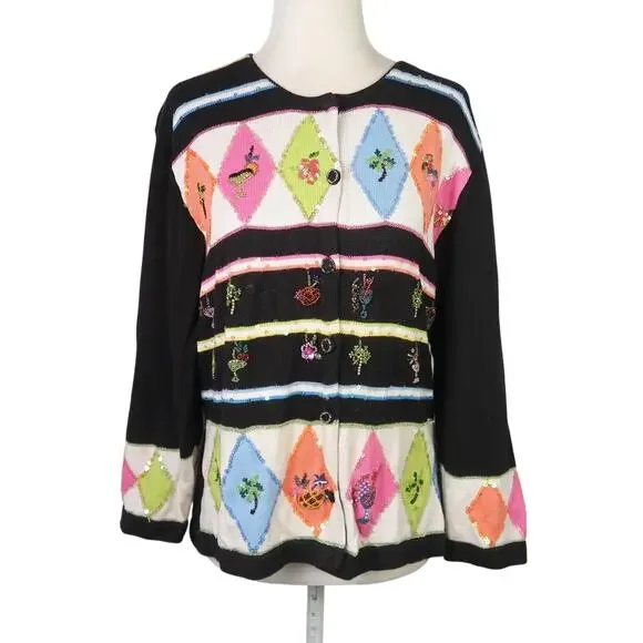 Vintage 90s Just B Black Diamond Cocktail Drink Beaded Cardigan Sweater L