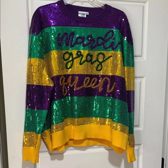 QUEEN OF SPARKLES Sequin Striped Sweater - Purple, Green, Yellow Mardi Gras