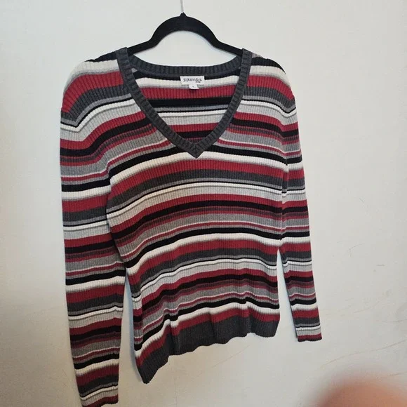 St John's‎ Bay Women's Sweater Large Striped Y2K Long Sleeve Cotton Blend V-Neck