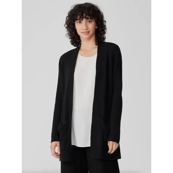 EILEEN FISHER Linen Crepe Stretch Cardigan Black {3B52}
