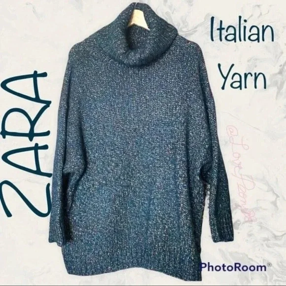 ZARA KNIT Italian Yarn Turtleneck Metallic Thread Knit Sweater Emerald Green