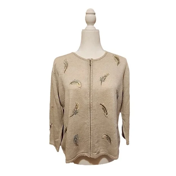 Womens‎ Linen Blend Cardigan Sz PM Feather Beads Embroidery Cottage Whimsy Boho