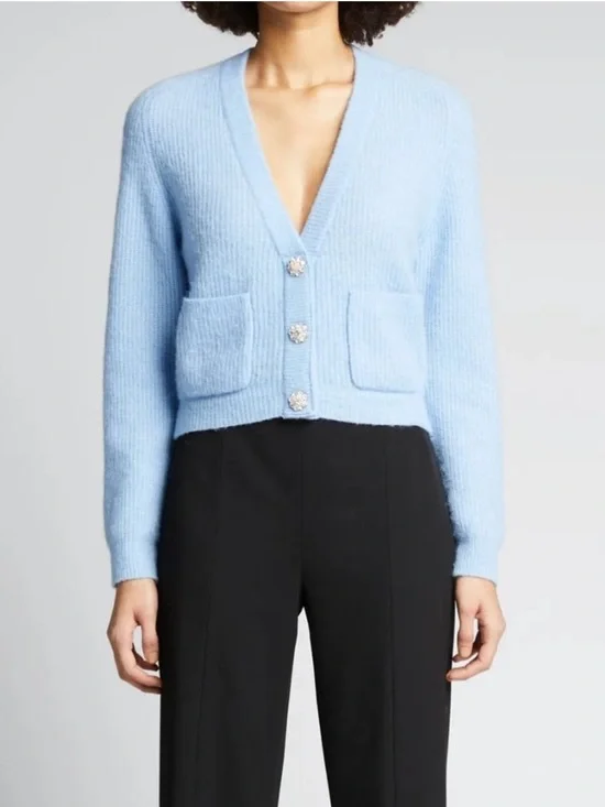 GANNI Soft Wool Alpaca Crystal Button Cropped Cardigan XS Blue