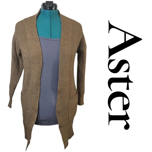 Aster Brown Heather Ribbed Open Front Cardigan‎ Sweater Pockets Small