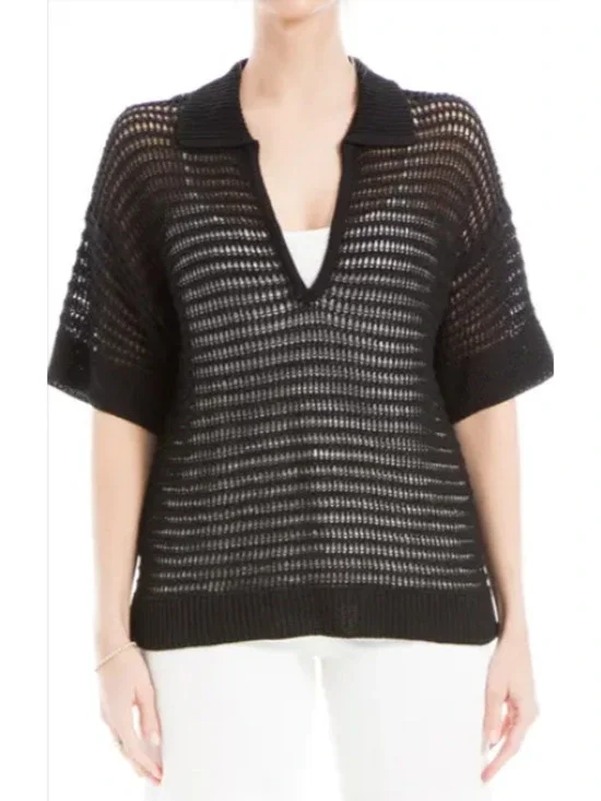 Max Studio Women's V-Neck Black Knit Polo Sweater Size XS Oversized