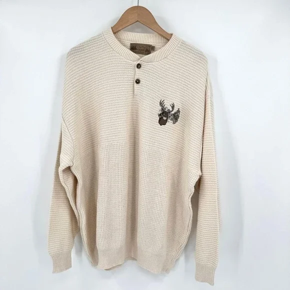 Shenandoah Vtg Cream Textured Henley Sweater Embroidered Buck Deer Cabin XXL Men
