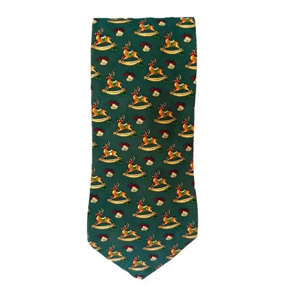 Brook Brothers Tie Necktie Christmas Holiday Rocking Reindeer Green Party Gift