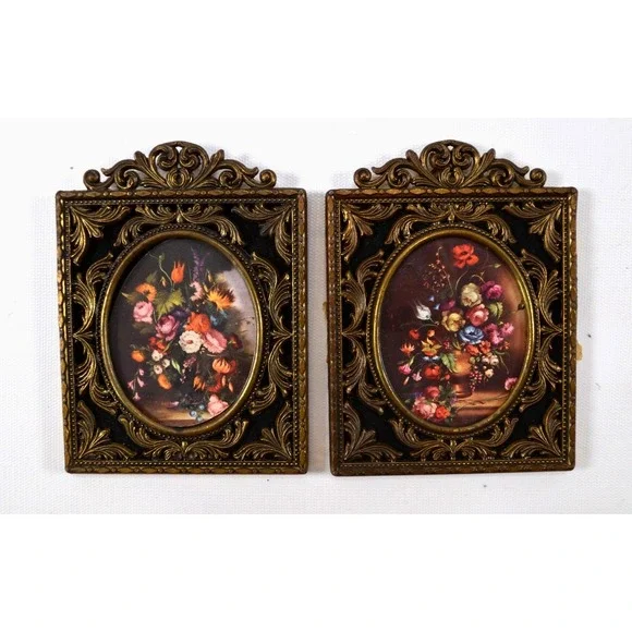 Pair of Vintage Ornate Brass Framed Floral Pictures Made In Italy Flocked 4x5.5