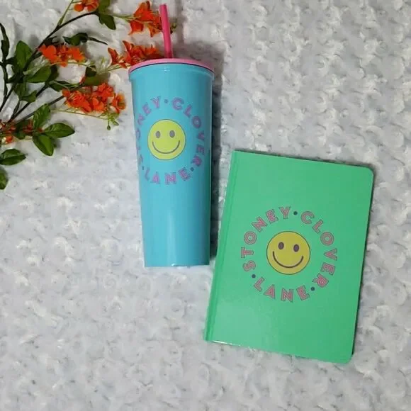 Stoney Clover Lane x Target 23oz insulated blue tumbler and green notebook