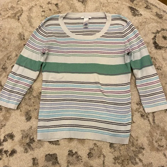 Liz Wear Women’s Large White and Teal Striped Sweater Ribbed 3/4 Sleeve