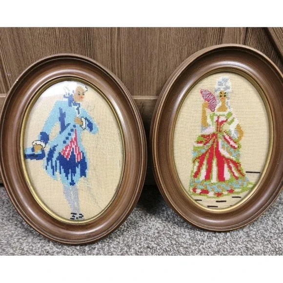 Vintage Framed Needlepoint Colonial Couple Wall Art Set Pair Oval Frames