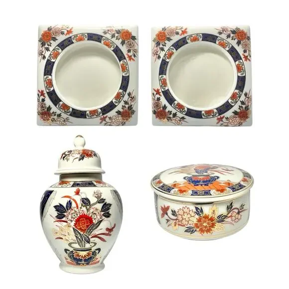 1980s Vintage Japanese Imari 4-Piece Home Decor Set Ginger Jar Picture Frame Box