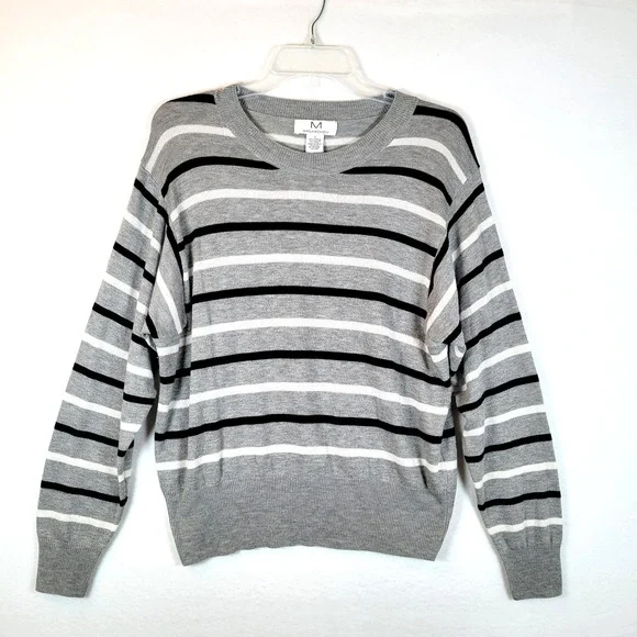 Magaschoni Womens Striped Knit Relaxed Sweater Top Size Large Gray Y2K Retro