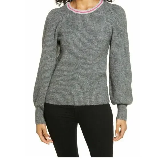 Halogen Blouson Sweater Grey Heather Stripe Neck Crew Neck Pullover XL